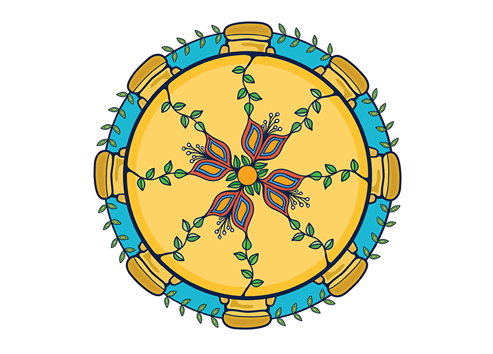 Indigenous art depicting a round table with several chairs around. The concept is that we all need a seat at the table to find solutions.
